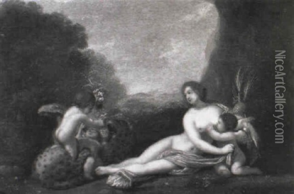 Venus And Putti Playing With A Leopard Oil Painting - Cornelis Van Poelenburgh