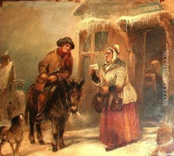 The Post Boy Delivering His Letters, In A Winter Scene Oil Painting - George Bryant Campion