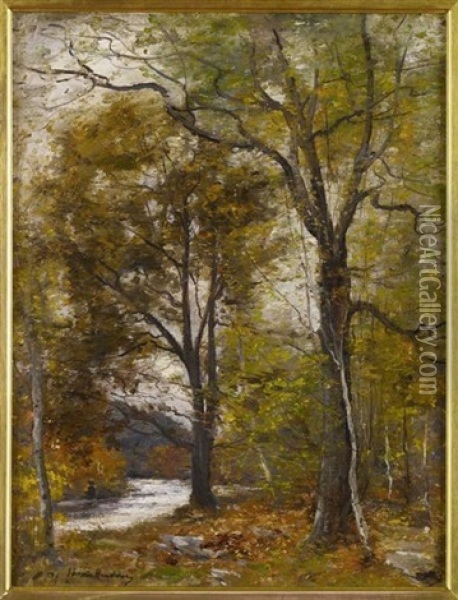Wooded River Landscape, Autumn Oil Painting - Joseph Morris Henderson