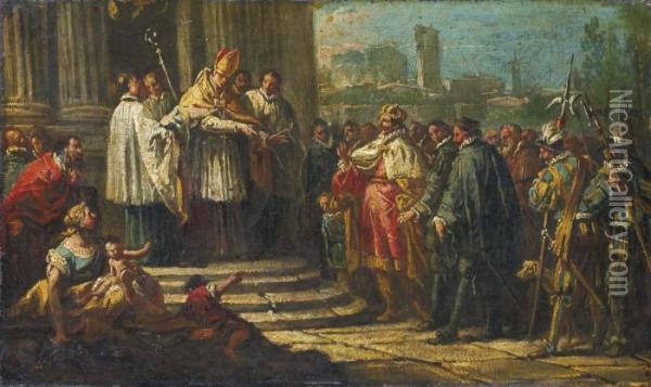 Saint Ambroise Refusant L'acces De Son Eglise A L'empereur Theodose Oil Painting - Gaspare Diziani