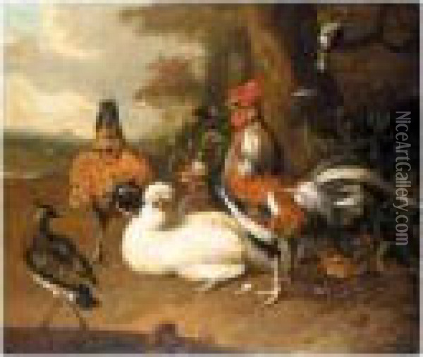 Still Life Of Chickens, A Cockerel, And Other Fowl In A Landscape Oil Painting - Melchior de Hondecoeter