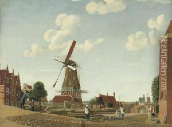 The Windmill 'the Kraay' On The Bulwark 'sloterdijk', Amsterdam Oil Painting - Jan Spaan