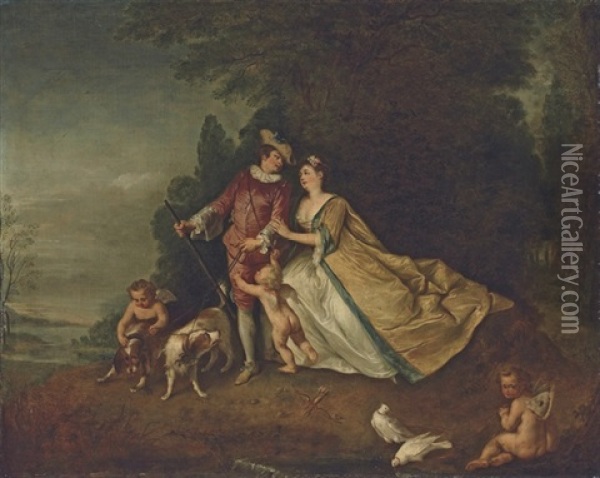 Portrait Of A Lady And Gentleman, As Venus And Adonis, In A Wooded Landscape Oil Painting - Nicolas Lancret