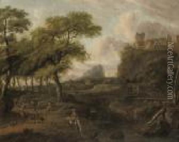An Italianate Landscape With Travellers On A Track Oil Painting - Abraham Storck