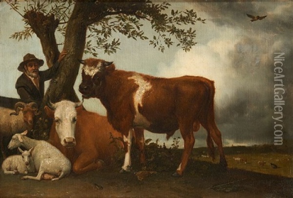 Gardien Et Son Troupeau Sur Fond De Paysage Oil Painting - Jacob Henricus Maris