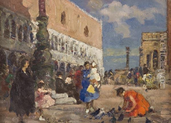 Piazza San Marco Con Donne E Piccioni Oil Painting - Erma Zago
