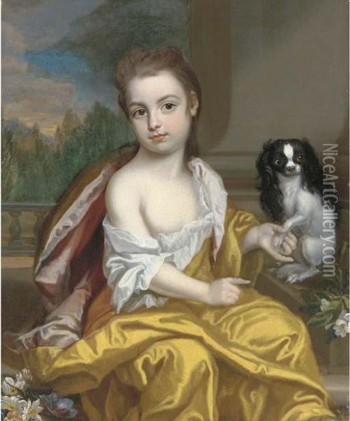 Portrait Of A Girl, Three-quarter-length, In A Yellow Dress Withpink Lining, Holding The Paw Of A Toy Spaniel To Her Left, A Columnand Landscape Beyond Oil Painting - James Francis Maubert