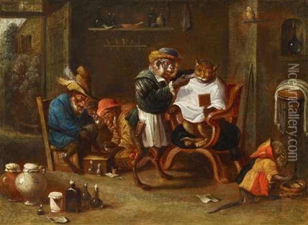 The Monkey Barber Oil Painting - Ferdinand van Kessel