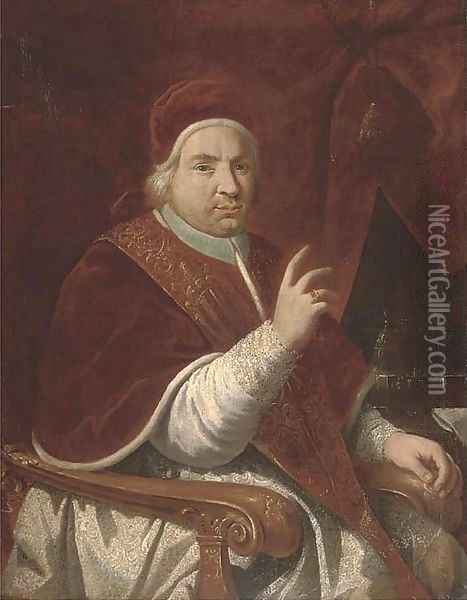 Portrait of Pope Benedict XIV (1675-1758), three-quarter-length, seated, by a draped curtain Oil Painting - Pierre Subleyras