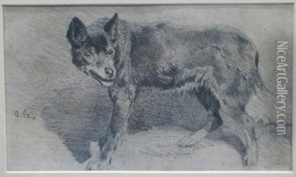 Geb. 1838 In Dresden,bleistiftzeichnung Auf Papier, Darstellung Eines Stehenden Hundes,links Unten Monogrammiert Oil Painting - Friedrich Otto Gebler