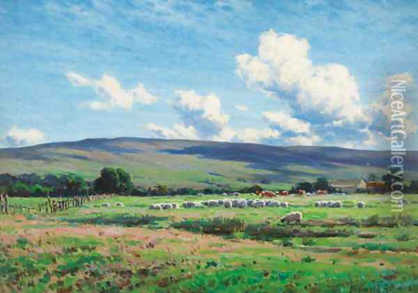 Sheep grazing, Lune Valley, Hornby Oil Painting - Reginald Aspinwall