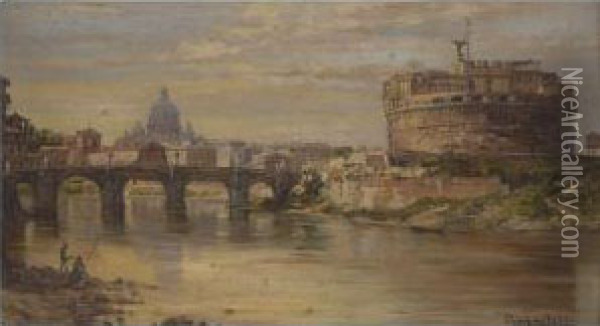 A View Of The Tiber With Castel Sant Angelo And St. Peters Oil Painting - Antonietta Brandeis