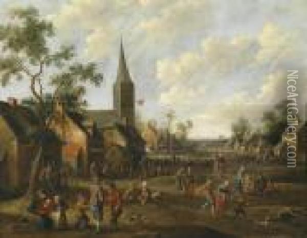 Village Street With Peasants Dancing Andcelebrating Oil Painting - Joost Cornelisz. Droochsloot