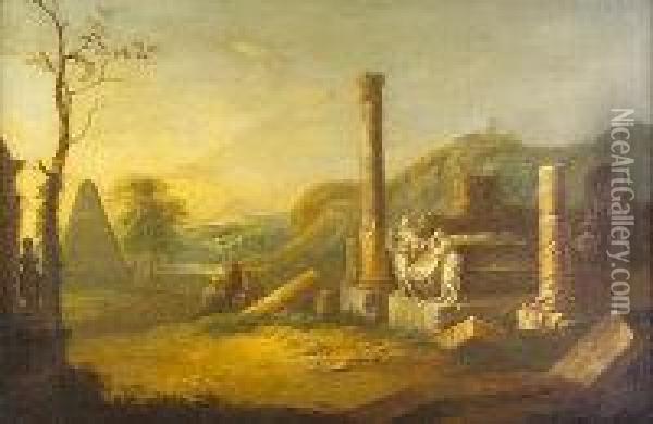 Capriccio Of An Italianate Landscape With Figures Amongst Ancient Ruins Oil Painting - William Van Der Hagen