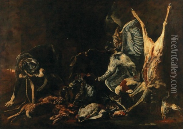 A Hunting Still Life With A Dog Watching The Kill Oil Painting - Pieter Boel