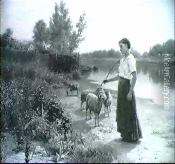 Junge Schafhirtin Mit Ihrer Herde Am Flussufer Oil Painting - Jenoe Jendrassik