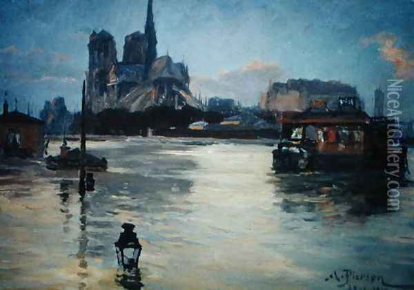 View of the Pont de la Tournelle During the Floods of 1910, 1910 Oil Painting - Andre Pierson
