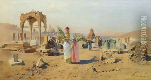 Figures Bearing Palm Leaves On The Outskirts Of Cairo Oil Painting - Franz Xavier Kosler