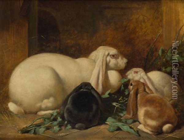 A Family Of Rabbits Oil Painting - John Frederick Herring the Elder