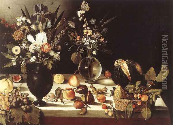 A Table Laden with Flowers and Fruit 1600-10 Oil Painting - Master of the Hartford Still-life