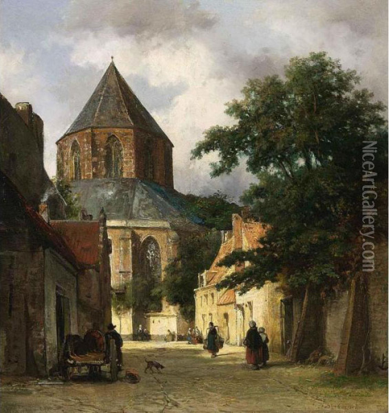 Figures In The Streets Of A Dutch Town, A Church In The Background Oil Painting - Johannes Bosboom