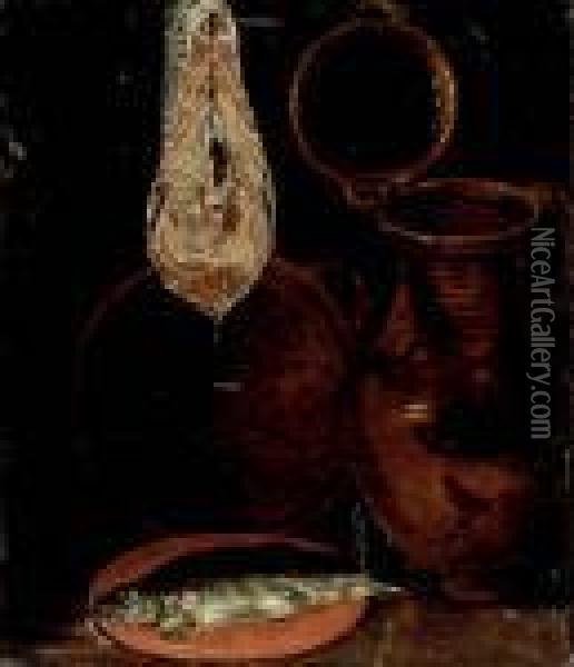 A Water Jug, A Fish On A Plate, A Cut Of Salmon And A Colander, On A Table, A Fragment Oil Painting - Sebastien Stoskopff