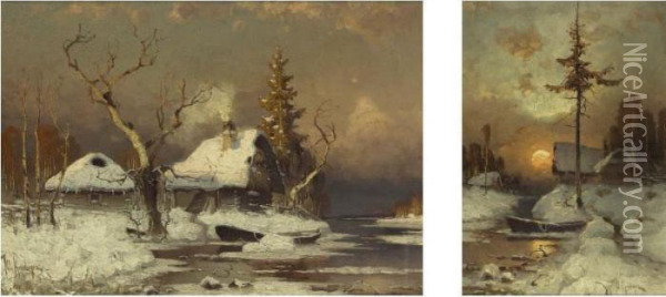 A Pair Of Winter Scenes Oil Painting - Iulii Iul'evich (Julius) Klever