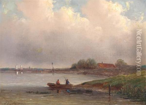 River Landscape With Figures In A Boat Oil Painting - Joseph Hartogensis