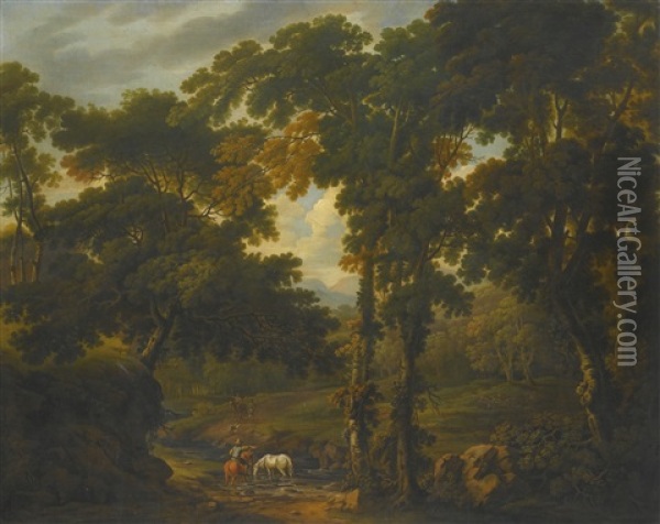 Woodland Scene With A Horseman Crossing A Stream Oil Painting - George Barret