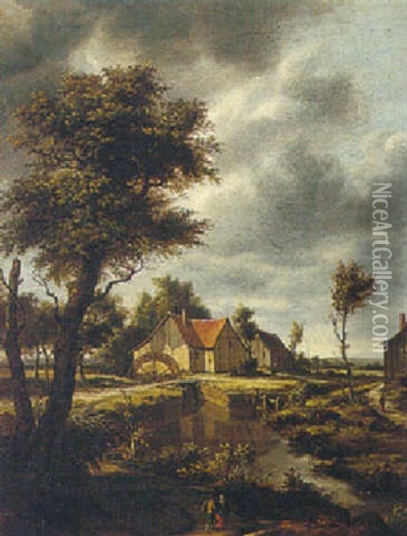 A Wooded River Landscape With A Watermill Oil Painting - Meindert Hobbema