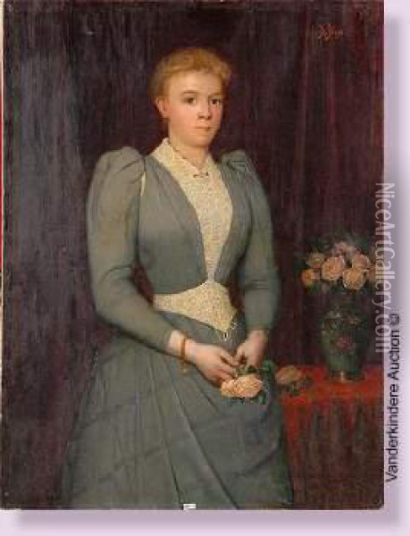 Portrait D'une Dame De Qualite Tenant Des Roses Oil Painting - Jules De Bleye
