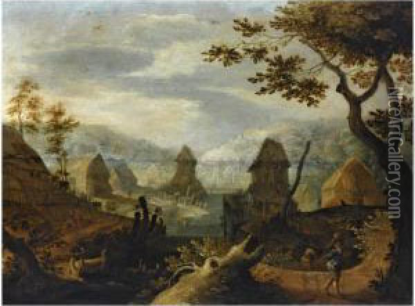 A River Landscape With A Village In Schwalbach With Travellers To The Right Oil Painting - Anton Mirou