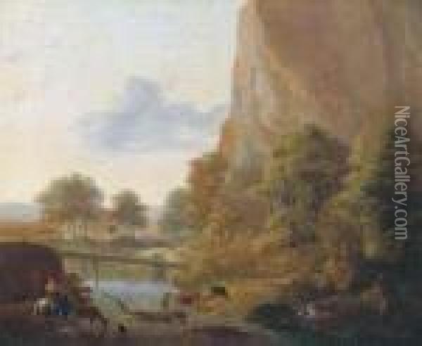 An Italianate Landscape With Muleteers Fording A River, A Sportsmanin The Distance Oil Painting - Jan Both