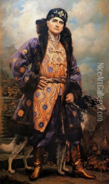 Bildnis Eines Georgischen Hocharistokraten Mit Barsoi Oil Painting - Johannes Linse