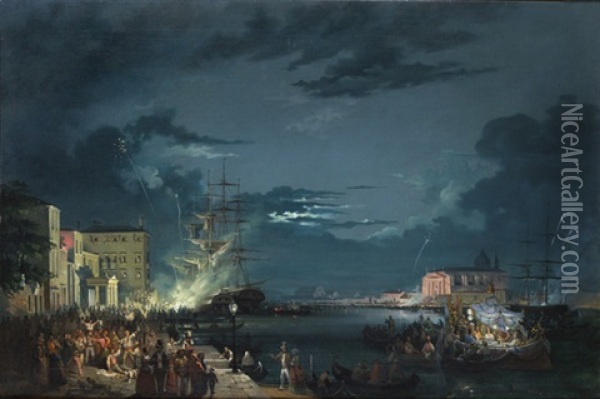 Veduta Di Venezia Durante La Festa Del Redentore (view Of Venice During The Festa Del Redentore) Oil Painting - Carlo Grubacs