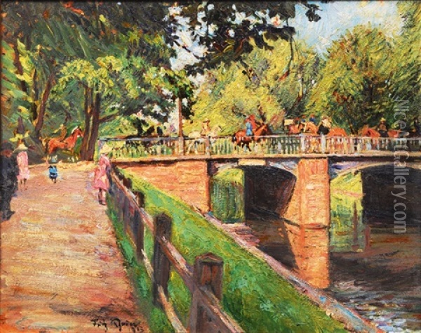 Busy Bridge In A Park Oil Painting - Fritz Rhein