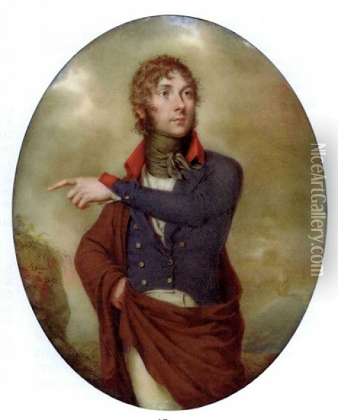 A Young Gentleman With His Left Hand Raised, In Blue Coat With Gold Buttons And Red Collar And Cuffs, Cream Coloured Trousers, White Waistcoat And Knotted Black Cravat, Brown Cloak, Curling Brown Hair Oil Painting - Etienne Charles Leguay
