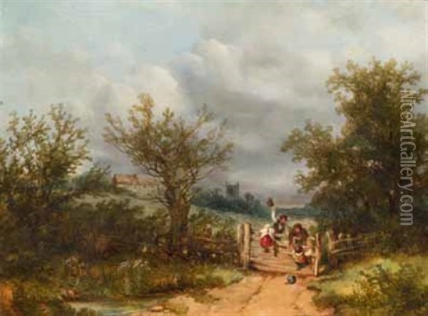 Kinder Klettern Uber Einen Zaun In Ein Grundstuck Oil Painting - William Thomas Hawkesworth