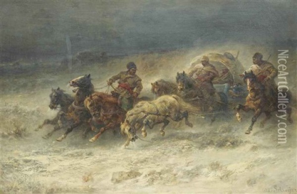 A Wallachian Wagon Under Attack Oil Painting - Adolf Schreyer