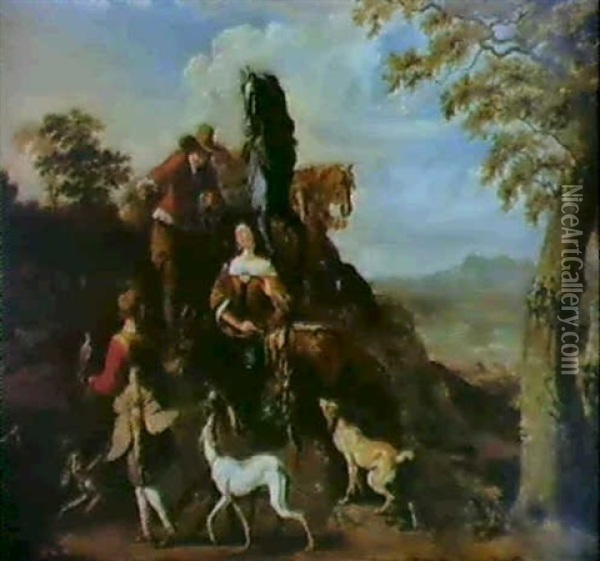 A Falconer And His Companion Resting On A Bank At A Roadside With Their Two Horses, Hounds And A Bag... Oil Painting - Abraham Danielsz Hondius