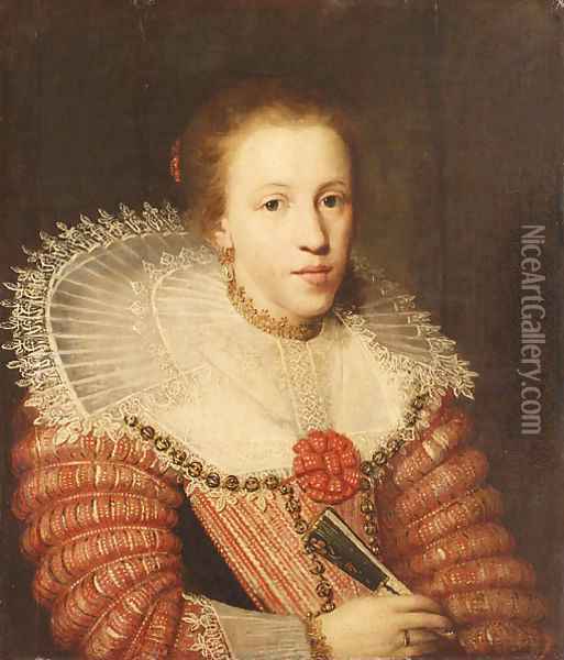 Portrait of a Lady, half length, wearing a red dress, a lace ruff and holding a fan Oil Painting - Paulus Moreelse