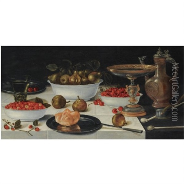 A Still Life With Strawberries, Pears And Cherries In Porcelain Bowls, Together With A Bun On A Silver Plate, A Roemer, A Tazza, A Jug, Two Pipes And Burning Taper, All On A Table Draped With A White Oil Painting - Gillis Gillisz. de Berch