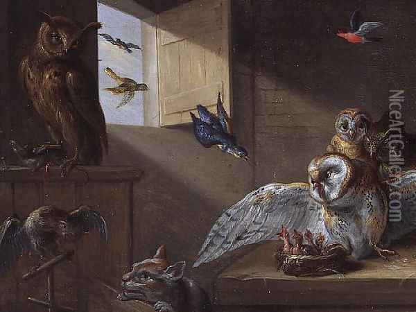A Family of Owls other Birds and a Cat Oil Painting - Jan van Kessel