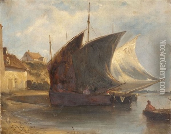 Barques Au Port Oil Painting - Louis-Gabriel-Eugene Isabey