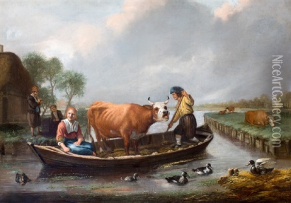Boeren Met Koe In Een Overzetpontje Oil Painting - Jan Victors