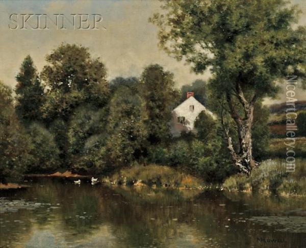 The Lowell House Beside A Duck Pond Oil Painting - Milton H. Lowell