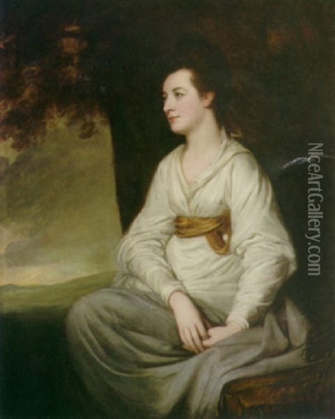 A Portrait Of A Lady  (mrs. Vere Hollingsworth?) Seated Beneath A Tree Oil Painting - George Romney