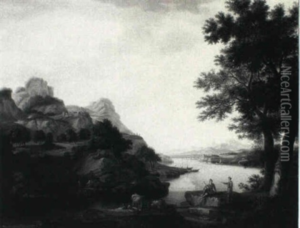 Extensive Rocky Landscape With Animals And Figures By A     River Oil Painting - Joseph Browne
