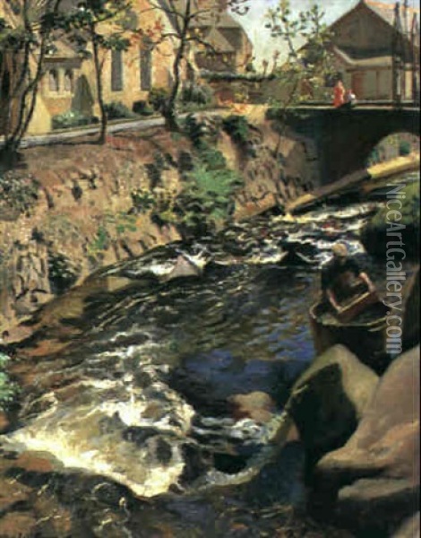 The Church Bridge, Newlyn Oil Painting - Harold Harvey