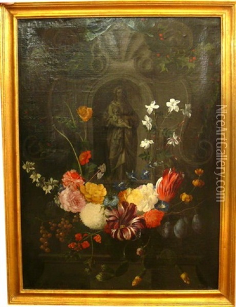 Blumengirlande Vor Einem Steinornament Oil Painting - Daniel Seghers